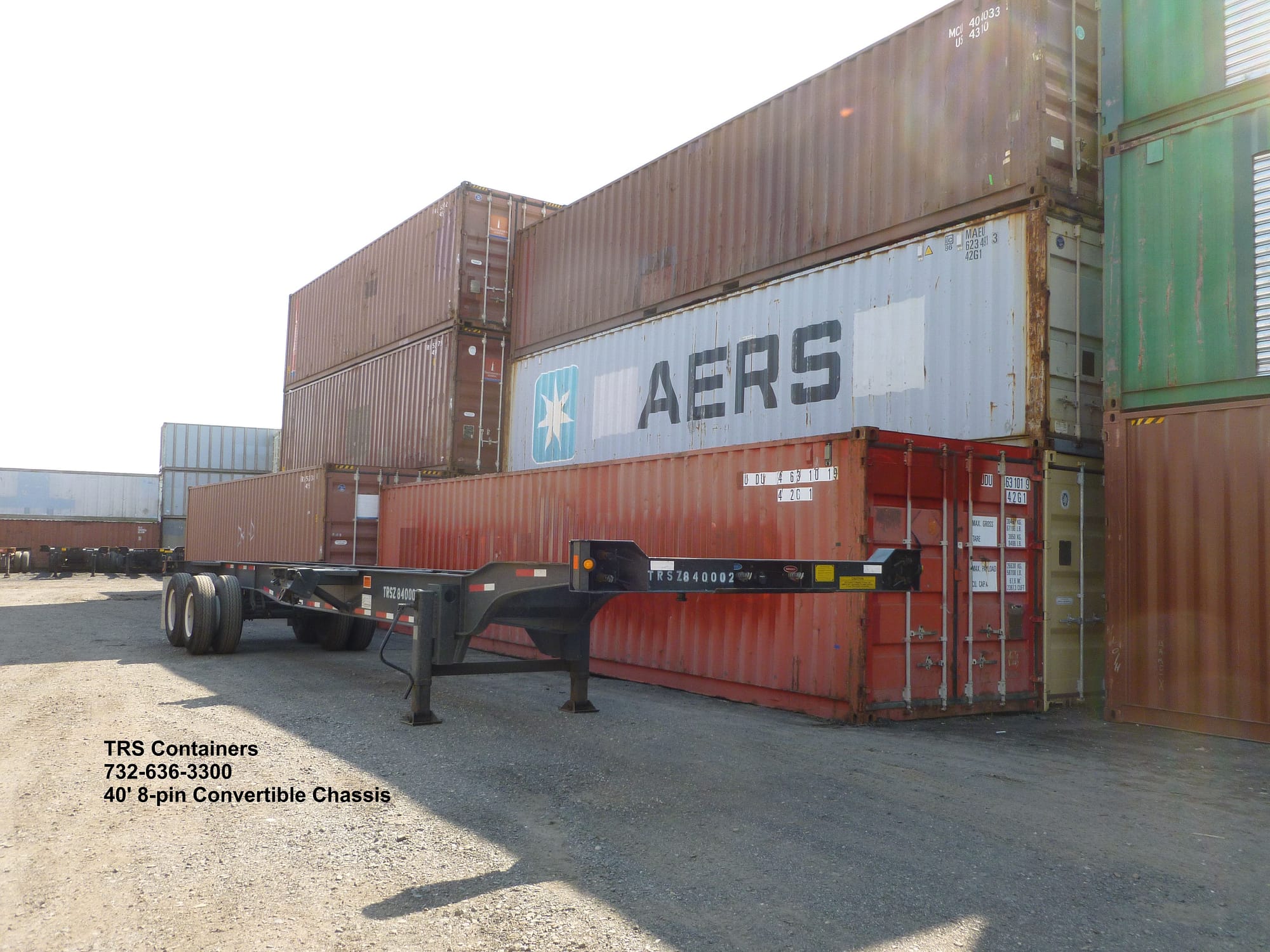 TRS Containers sells rents repairs stores stacks and trucks 40ft long chassis