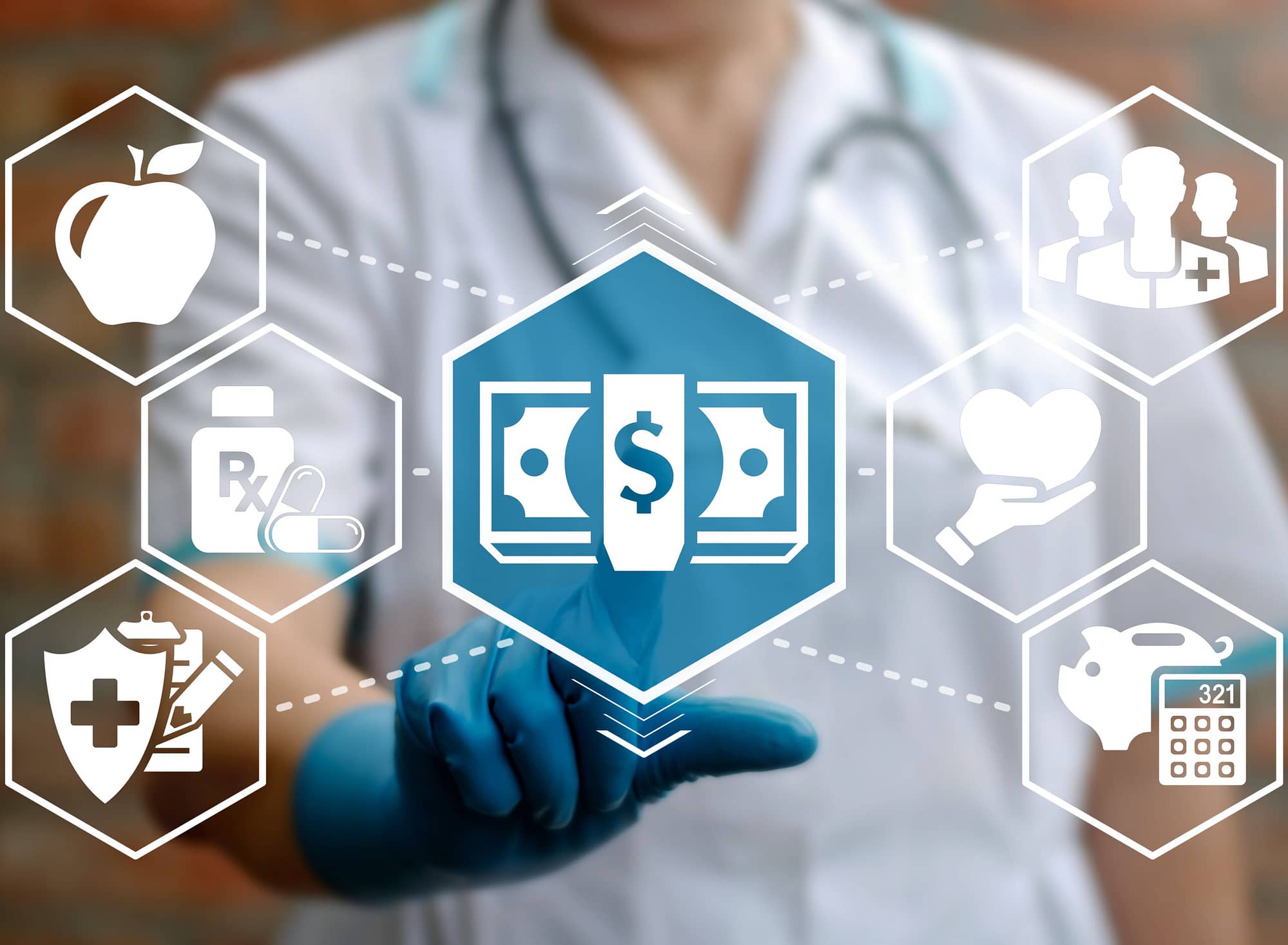Health care insurance money medical concept. Doctor pressing cas