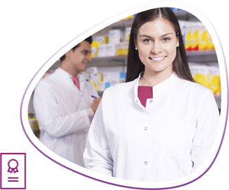 Pharmacy technician smiles standing before pharmacy shelves and coworker
