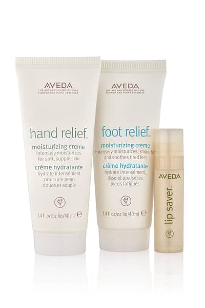 Aveda hand and foot relief and chapstick bottles