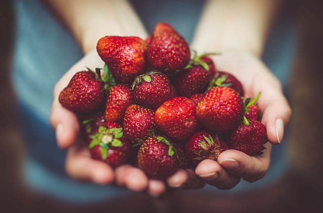 Hands holding strawberries.