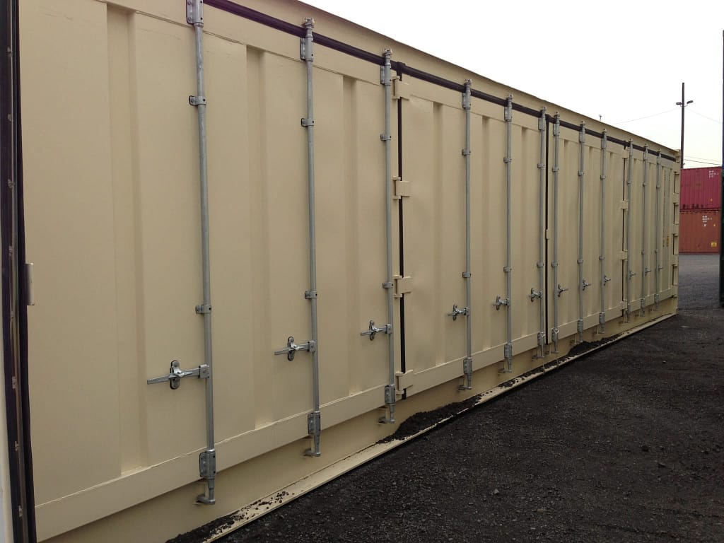 TRS Containers openside containers have 2 swing doors on one 8ft wide end and one full side opens