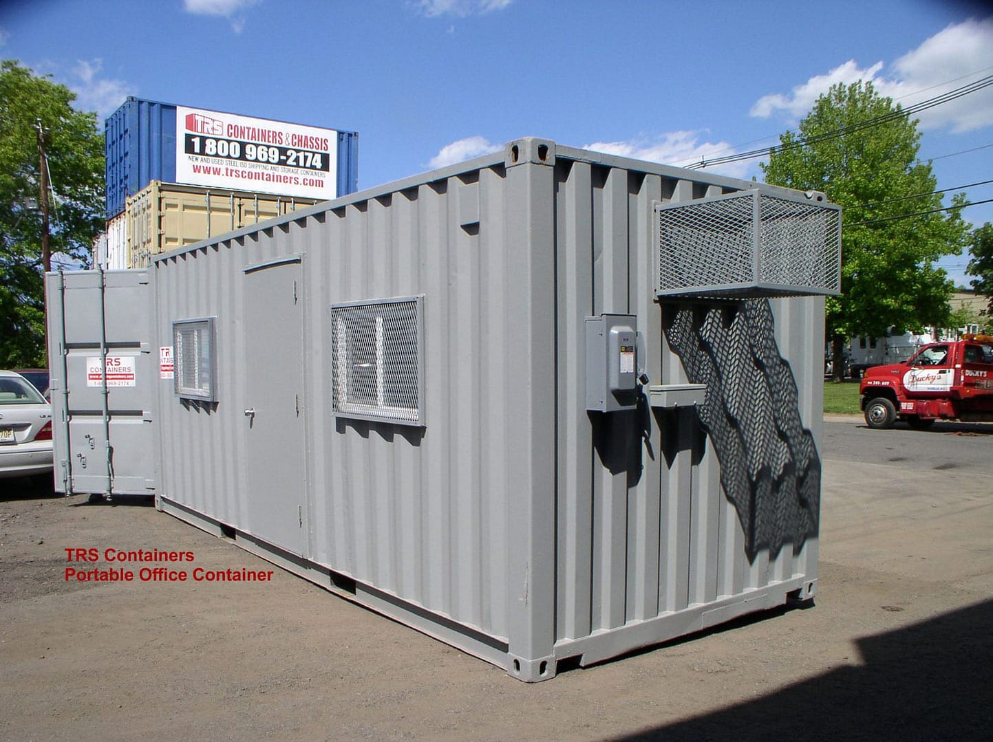 TRS Containers modifies 20 foot long container into portable office space. Equiped for the comfort and safety of staff