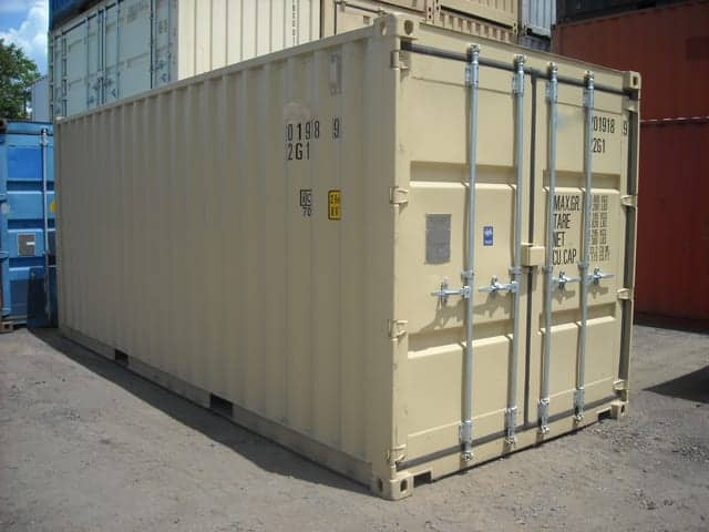 TRS Containers inventory includes new one-trip 20 foot long conex containers with high door handles, corten steel, lockboxes