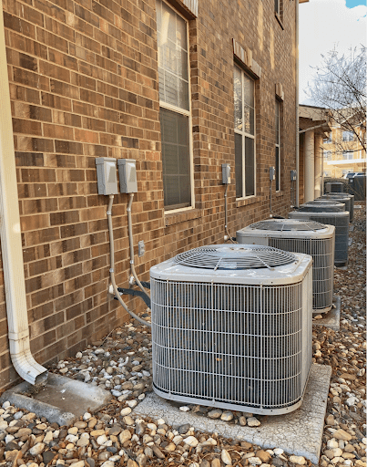 Several air conditioner units can be seen outdoors next to an apartment complex. The building has a brown brick facade.