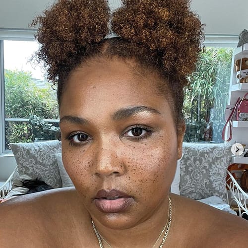 Lizzo with highlighted warm tones in her hair