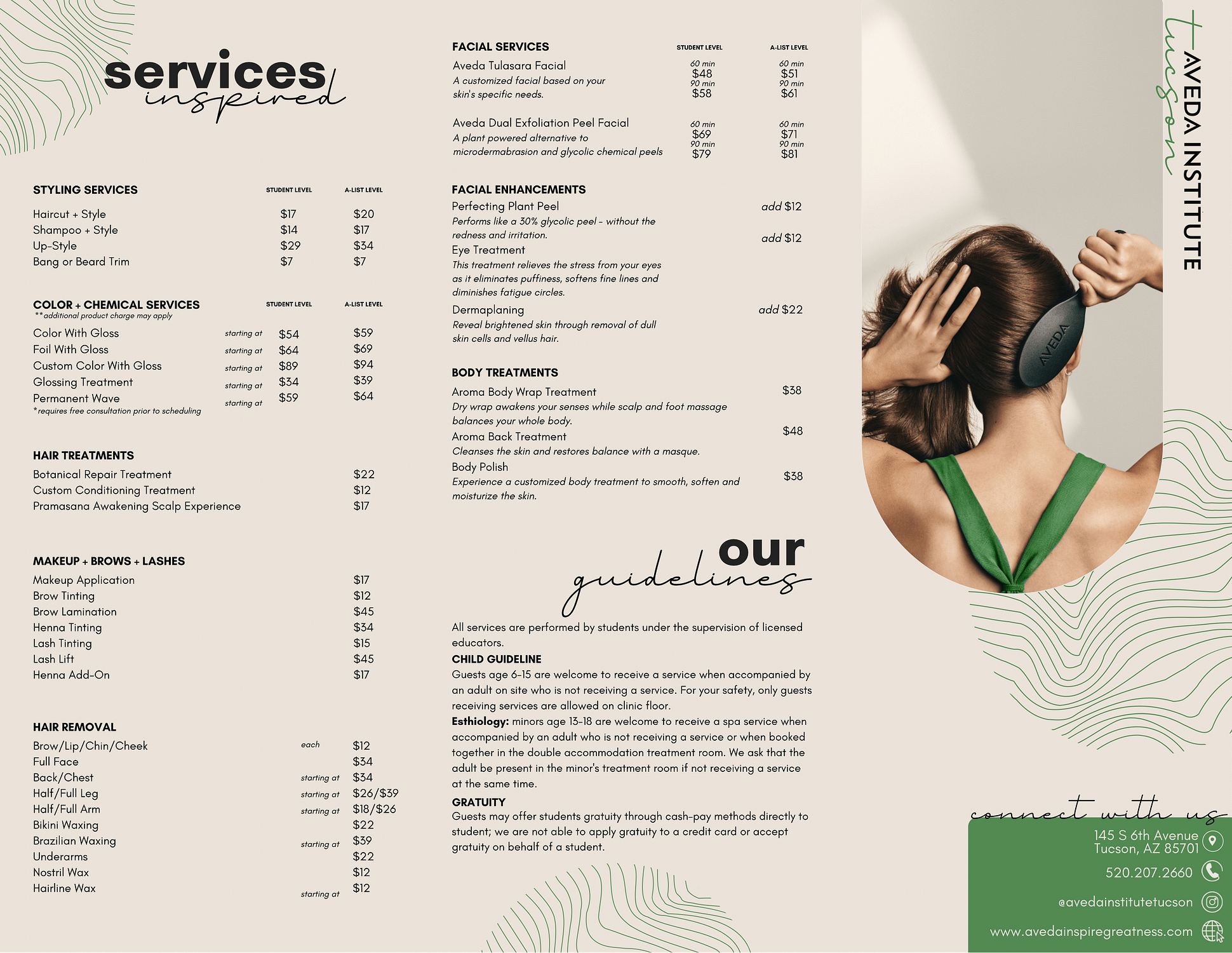 Menu of services offered at Aveda Institute Tucson