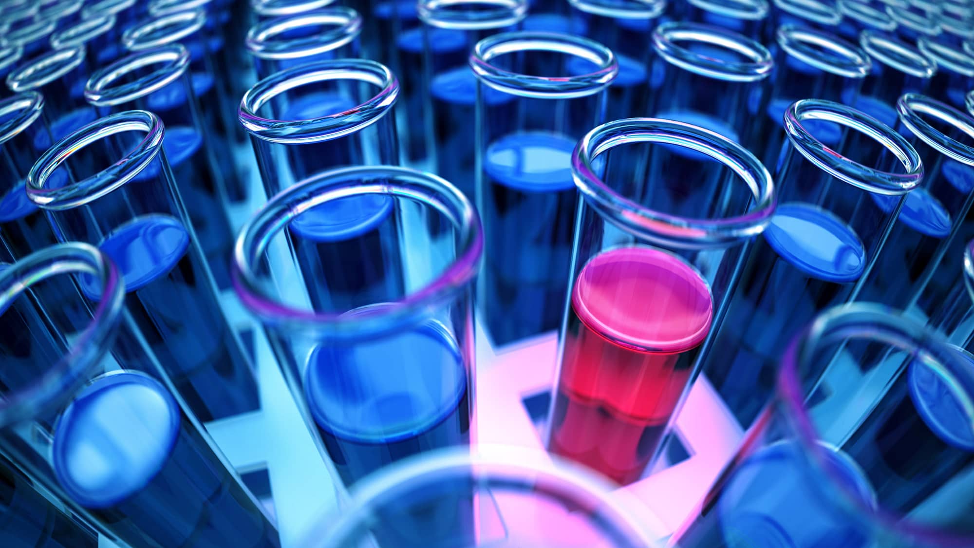 3D rendered blue laboratory test tubes with red positive results