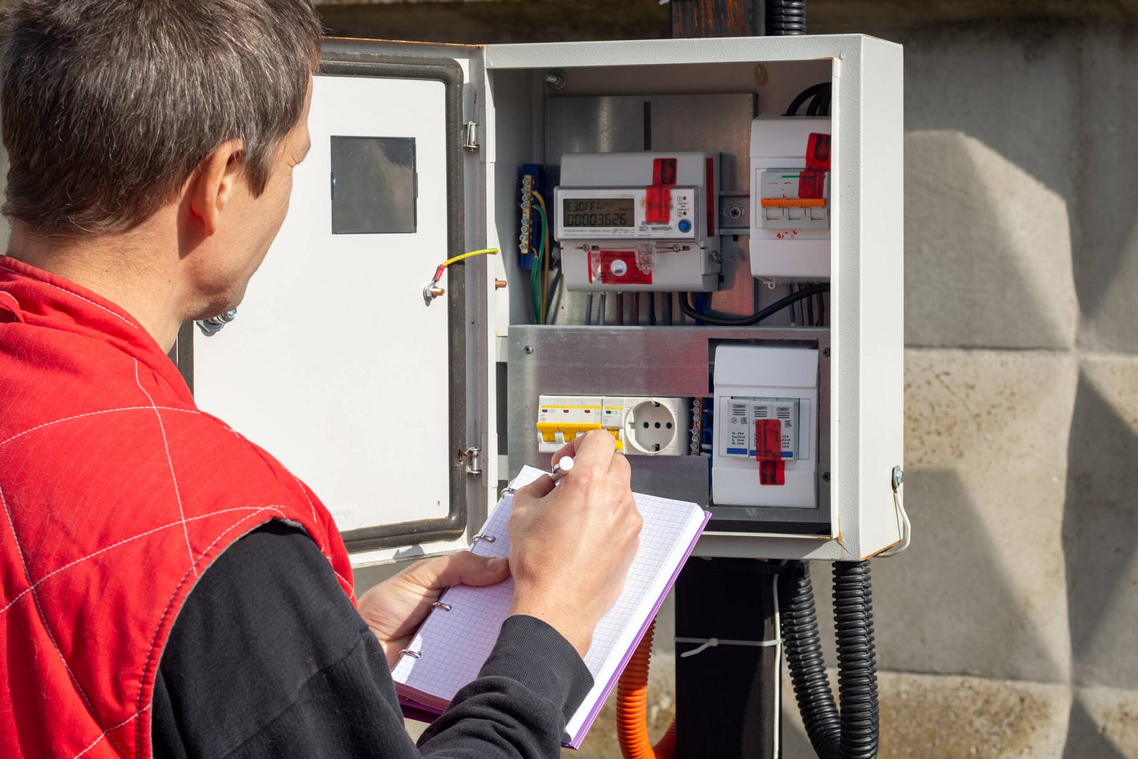 A Generac generator dealer inspecting an automatic transfer switch for the homeowner.