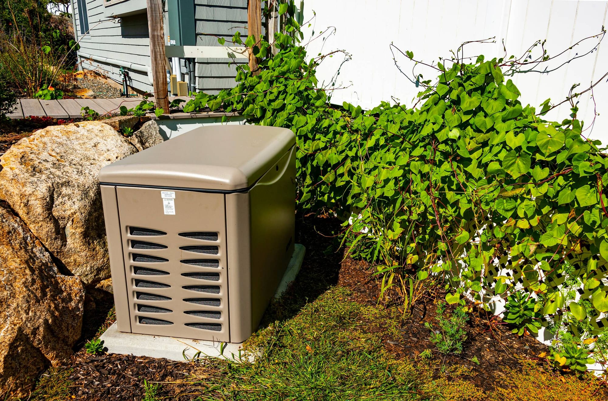A residential generator, between ivy and large rocks, after the residential generator installation process.