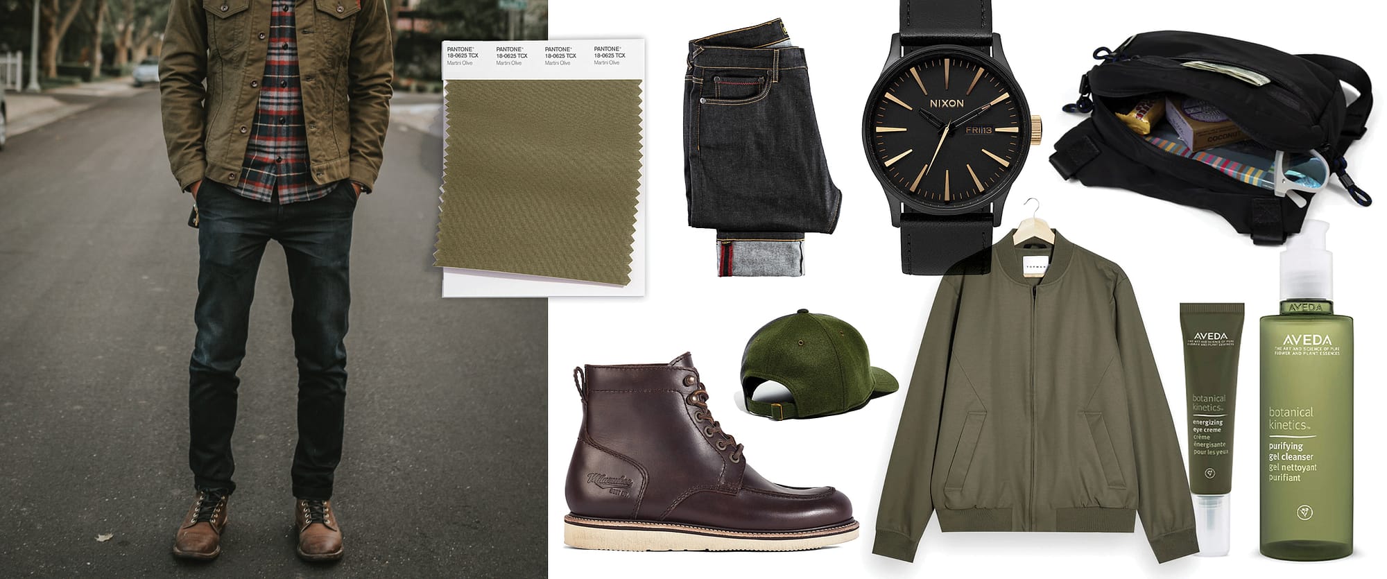 Men's clothing inspiration built around the martini olive pantone color
