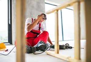 male construction worker sitting on floor holding his head after falling off ladder