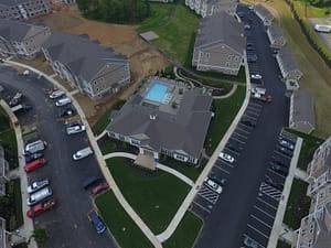 Overhead view of swimming pool at residential living facility 