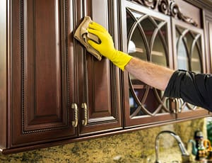 A man cleaning a wooden kitchen cabinet