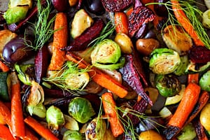 Roasted carrots, Brussels sprouts, potatoes, and other fall vegetables