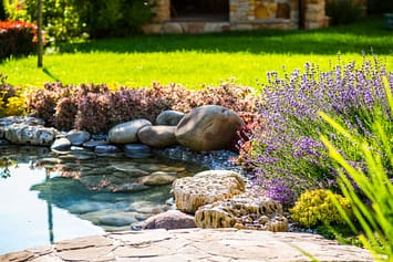 Custom landscaped stone pool in backyard