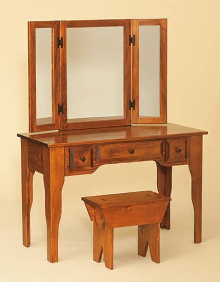 Large wood vanity with tri-fold mirror