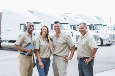 Fleet managers standing in front of trucks at a warehouse