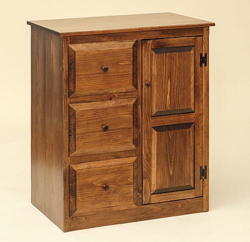 Three-drawer wood filing cabinet with cupboard