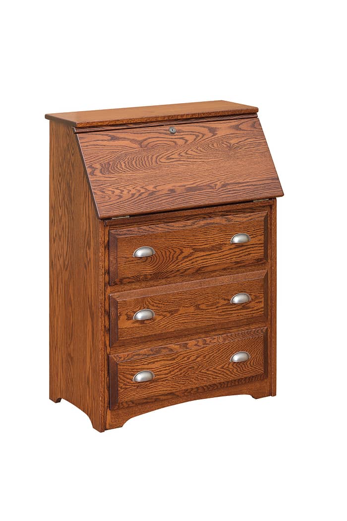Slant-top wood desk with three drawers